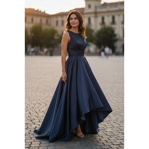 Womens Sz 16 Satin Navy Blue Formal Hi-Lo Gown built in Bra MOTB Prom HOCO NWT